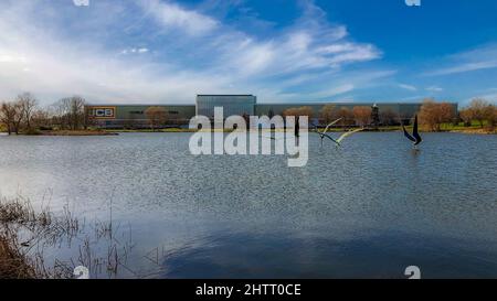 The view across JCB Lakes at JCB World Headquarters, Rocester, Nr. Uttoxeter, Staffordshire Stock Photo