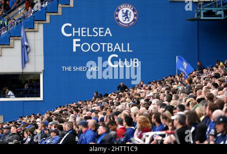 File photo dated 28-09-2019 of General view of the Chelsea fans during the Premier League match at Stamford Bridge, London. Roman Abramovich has confirmed his decision to sell Chelsea amid Russia’s continued invasion of Ukraine. The Russian-Israeli billionaire has owned the Blues since 2003 and helped steer the Stamford Bridge club to 19 major trophies. Issue date: Wednesday March 2, 2022. Stock Photo