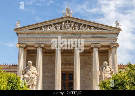 Athens, Greece. Main facade of modern Academy of Athens, Greece's national academy and highest research establishment in the country Stock Photo