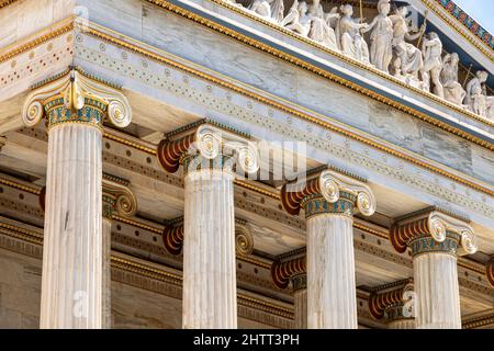 Athens, Greece. Main facade of modern Academy of Athens, Greece's national academy and highest research establishment in the country Stock Photo