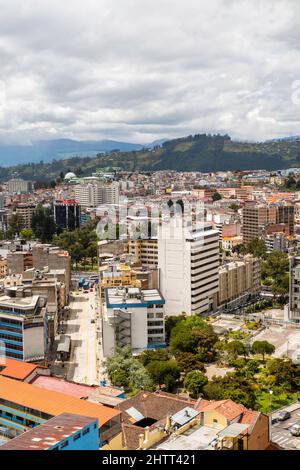 View of the Quito skyline from the Basilica del Voto Nacional; Quito, Ecuador. Stock Photo
