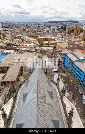 View of the Quito skyline from the Basilica del Voto Nacional; Quito, Ecuador. Stock Photo