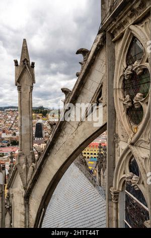 View of the Quito from the Basilica del Voto Nacional; Quito, Ecuador. Stock Photo