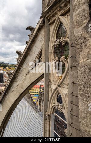 View of the Quito from the Basilica del Voto Nacional; Quito, Ecuador. Stock Photo