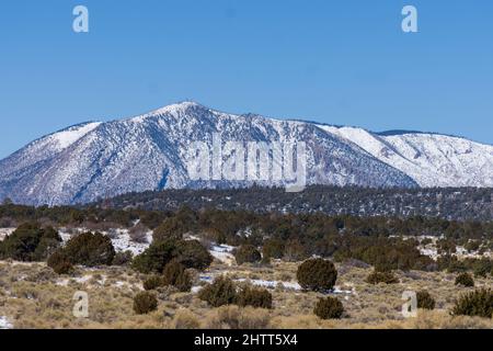 Snow-capped San Francisco Peaks are just north of Flagstaff, Arizona Stock Photo