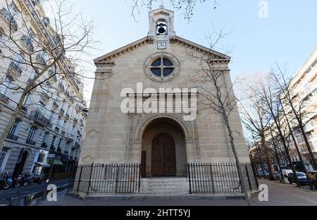 The old Saint-Honore-d'Eylau church is located on Place Victor-Hugo in the 16th district of Paris. France. Stock Photo