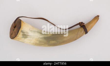 Art inspired by Powder Horn, 18th century, New York, American, Horn (cow), wood, leather, L. 12 in. (30.5 cm); Diam. 3 1/4 in. (8.3 cm); Wt. 5.1 oz. (144.6 g), Firearms Accessories-Powder Horns, This powder horn is engraved with a map of the Hudson River Valley and the royal arms of, Classic works modernized by Artotop with a splash of modernity. Shapes, color and value, eye-catching visual impact on art. Emotions through freedom of artworks in a contemporary way. A timeless message pursuing a wildly creative new direction. Artists turning to the digital medium and creating the Artotop NFT Stock Photo