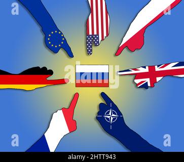 hand with european and american flags pointing on russia flag with ukraine colors background war political concept . Stock Photo
