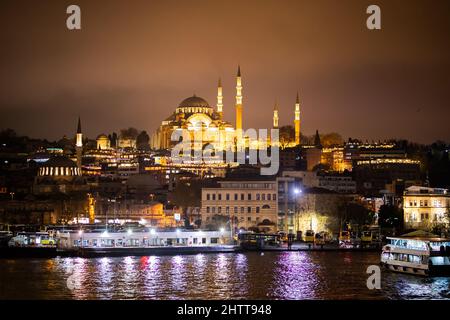 View to the Suleymaniye Mosque from the seaside. Ramadan or kandil or laylat al-qadr or islamic background . Suleymaniye mosque is built by Mimar Sina Stock Photo