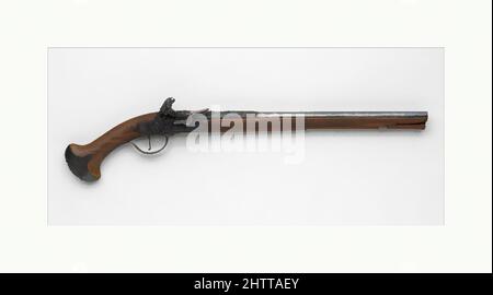 Art inspired by Flintlock Pistol, ca. 1650, possibly Liege, possibly Belgian, Liege, Steel, iron, wood (walnut), L. 24 3/4 in. (62.7 cm); L. of barrel 17 1/16 in. (43.3 cm), Firearms-Pistols-Flintlock, This pistol is one of a small group of flintlock guns and holster pistols with high, Classic works modernized by Artotop with a splash of modernity. Shapes, color and value, eye-catching visual impact on art. Emotions through freedom of artworks in a contemporary way. A timeless message pursuing a wildly creative new direction. Artists turning to the digital medium and creating the Artotop NFT Stock Photo