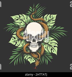 Skull and Snake on Jungle Leaves isolated on Black Background. Vector illustration. Stock Vector