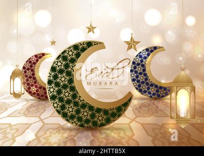 Eid mubarak, Eid al adha, Eid al fitr, greetings card poster with realistic crescent moon and star vector banner design Stock Vector