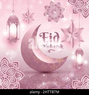 Eid mubarak, Eid al adha, Eid al fitr, greetings, celebration, calligraphy card vector design with moon and lantern Stock Vector