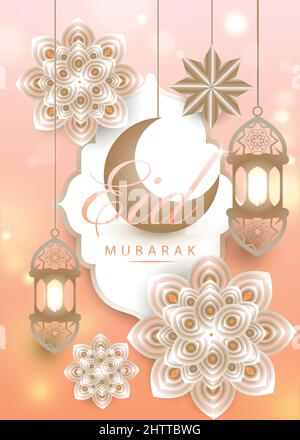 3d pink Islamic holiday banner. Metal moon, lantern and star decorations hung around mosque window with beautiful flowers. Calligraphy Text: Eid Mubar Stock Vector