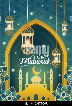 Eid Mubarak, Eid Al Adha, Eid Al Fitr beautiful elegant greeting wishes poster, background, image with mosque, lantern, green illustration vector desi Stock Vector