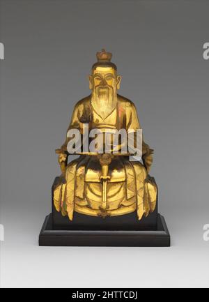 Art inspired by Daoist Immortal Laozi, Ming dynasty (1368–1644), dated 1438, China, Gilt brass; lost-wax cast, H. 7 1/2 in. (19 cm); W. 4 3/4 in. (12 cm); D. 2 3/4 in. (7 cm), Sculpture, Chen Yanqing (active 15th century), The full beard helps to identify this figure as Laozi (also, Classic works modernized by Artotop with a splash of modernity. Shapes, color and value, eye-catching visual impact on art. Emotions through freedom of artworks in a contemporary way. A timeless message pursuing a wildly creative new direction. Artists turning to the digital medium and creating the Artotop NFT Stock Photo