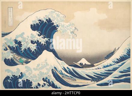 Art inspired by Under the Wave off Kanagawa (Kanagawa oki nami ura), or The Great Wave, from the series Thirty-six Views of Mount Fuji (Fugaku sanjūrokkei), 「富嶽三十六景　神奈川沖浪裏」, Edo period (1615–1868), ca. 1830–32, Japan, Polychrome woodblock print; ink and color on paper, 10 x 15 in. (25., Classic works modernized by Artotop with a splash of modernity. Shapes, color and value, eye-catching visual impact on art. Emotions through freedom of artworks in a contemporary way. A timeless message pursuing a wildly creative new direction. Artists turning to the digital medium and creating the Artotop NFT Stock Photo