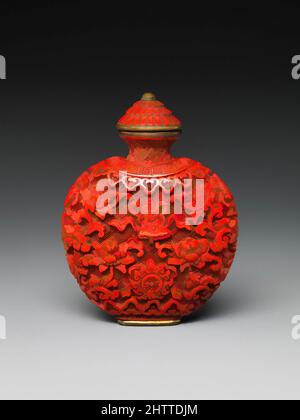 Art inspired by Snuff bottle with Buddhist emblems, Qing dynasty (1644–1911), Qianlong period (1736–95), China, Carved red lacquer, H. 2 7/8 in. (7.3 cm), Snuff Bottles, The parasol and flaming jewel carved deeply into the surface of this object are two of eight auspicious emblems, Classic works modernized by Artotop with a splash of modernity. Shapes, color and value, eye-catching visual impact on art. Emotions through freedom of artworks in a contemporary way. A timeless message pursuing a wildly creative new direction. Artists turning to the digital medium and creating the Artotop NFT Stock Photo