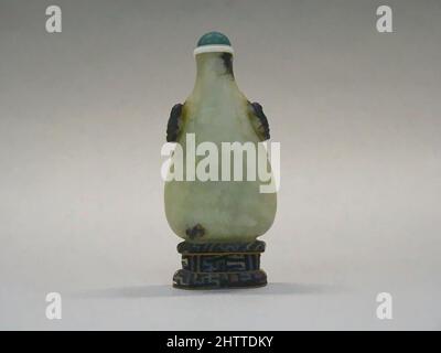 Art inspired by Snuff Bottle, Qing dynasty (1644–1911), Qianlong period (1736–95), China, Gray nephrite with black lion mask handles, blue and white stopper, silk stand, H. 3 in. (7.6 cm), Snuff Bottles, Classic works modernized by Artotop with a splash of modernity. Shapes, color and value, eye-catching visual impact on art. Emotions through freedom of artworks in a contemporary way. A timeless message pursuing a wildly creative new direction. Artists turning to the digital medium and creating the Artotop NFT Stock Photo