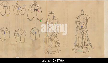 Art inspired by Scroll of Mudras, 白描印相図巻, Heian period (794–1185), 11th–12th century, Japan, Handscroll; ink on paper, 11 3/16 x 97 1/2 in. (28.4 x 247.6 cm), Paintings, This handscroll depicts hand gestures known as mudras in Sanskrit, the Indian language in which many early Esoteric, Classic works modernized by Artotop with a splash of modernity. Shapes, color and value, eye-catching visual impact on art. Emotions through freedom of artworks in a contemporary way. A timeless message pursuing a wildly creative new direction. Artists turning to the digital medium and creating the Artotop NFT Stock Photo