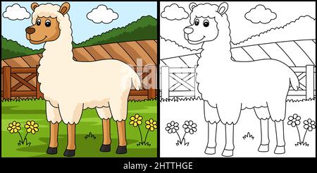 Llama Coloring Page Colored Illustration Stock Vector