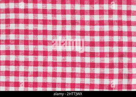 Old Retro Natural Classic Design Linen Plaid Fabric Tablecloth. Abstract Background, Red And White Colors. Old Retro Natural Classic Design Linen Stock Photo