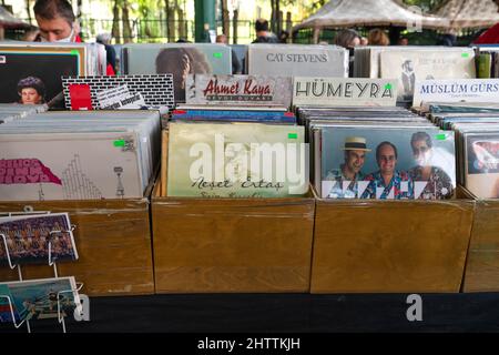 Ankara, Turkey - October 3, 2021: Sale of old records of famous singers in a flea market. Stock Photo