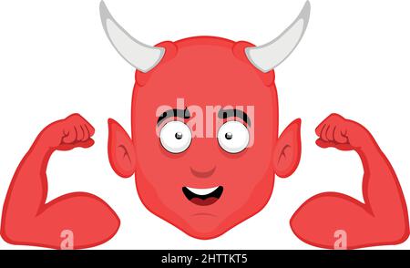 Vector illustration of the face of a cartoon demon showing the biceps of the arms Stock Vector