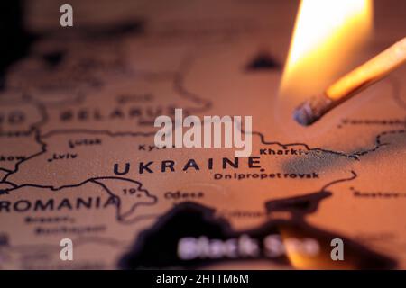 War in Europe. map of ukraine. Conflict between Russia and Ukraine ! War in Ukraine. Arson map of ukrainay, Stock Photo