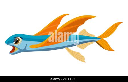 Flying fish in cartoon style for print and animation. Vector illustration. Stock Vector