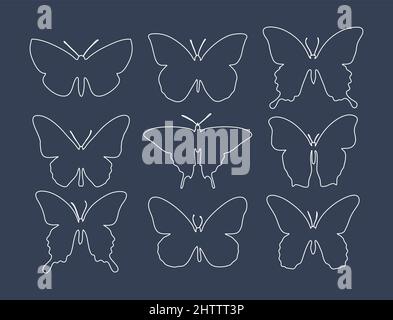 Set of different butterflies in line style for print and design. Vector illustration. Stock Vector
