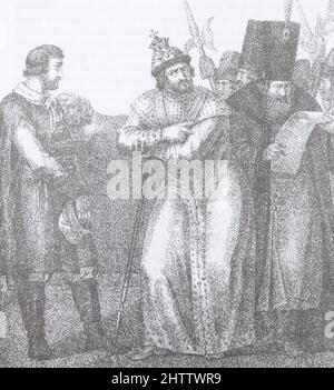 Ivan IV reads a letter from Prince Andrei Kurbsky. Medieval engraving. Stock Photo