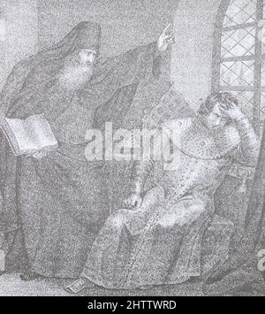 Sylvester, having opened the Holy Scripture before Tsar Ivan IV, conjures him to be a zealous executor of the charters. Medieval engraving. Stock Photo