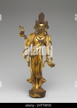 Art inspired by Bodhisattva Avalokiteshvara (Guanyin), 唐 青銅鎏金觀音菩薩像, Tang dynasty (618–907), 8th century, China, Gilt leaded bronze; piece-mold or lost-wax cast, H. 10 3/4 in. (27.3 cm); W. 4 1/8 in. (10.5 cm); D. 2 1/2 in. (6.4 cm), Sculpture, This bodhisattva can be identified as, Classic works modernized by Artotop with a splash of modernity. Shapes, color and value, eye-catching visual impact on art. Emotions through freedom of artworks in a contemporary way. A timeless message pursuing a wildly creative new direction. Artists turning to the digital medium and creating the Artotop NFT Stock Photo