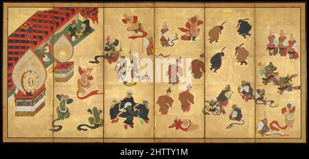 Art inspired by Bugaku Dancers, Edo period (1615–1868), Japan, Six-panel screen; ink, color, and gold on gilded paper, Image: 69 3/8 x 146 3/8 in. (176.2 x 371.8 cm), Screens, Kano Yasunobu (Japanese, 1613–1685), The costumed dances known as bugaku have been customary in Japanese court, Classic works modernized by Artotop with a splash of modernity. Shapes, color and value, eye-catching visual impact on art. Emotions through freedom of artworks in a contemporary way. A timeless message pursuing a wildly creative new direction. Artists turning to the digital medium and creating the Artotop NFT Stock Photo