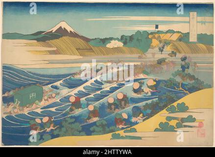 Art inspired by Fuji Seen from Kanaya on the Tōkaidō (Tōkaidō Kanaya no Fuji), from the series Thirty-six Views of Mount Fuji (Fugaku sanjūrokkei, 冨嶽三十六景　東海道金谷の不二, Edo period (1615–1868), ca. 1830–32, Japan, Polychrome woodblock print; ink and color on paper, 10 1/4 x 15 1/4 in. (26 x, Classic works modernized by Artotop with a splash of modernity. Shapes, color and value, eye-catching visual impact on art. Emotions through freedom of artworks in a contemporary way. A timeless message pursuing a wildly creative new direction. Artists turning to the digital medium and creating the Artotop NFT Stock Photo