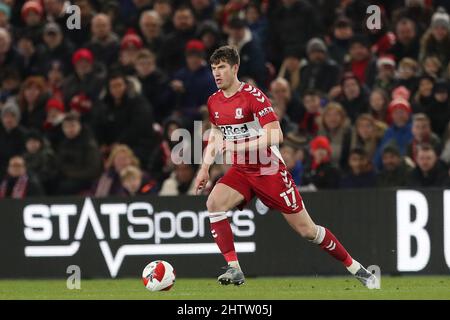 MIDDLESBROUGH, UK. MAR 1ST Paddy McNair of Middlesbrough during the FA Cup Fifth Round match between Middlesbrough and Tottenham Hotspur at the Riverside Stadium, Middlesbrough on Tuesday 1st March 2022. (Credit: Mark Fletcher | MI News) Credit: MI News & Sport /Alamy Live News Stock Photo