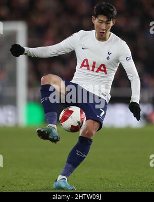 MIDDLESBROUGH, UK. MAR 1ST Tottenham Hotspur's Son Heung-Min during the FA Cup Fifth Round match between Middlesbrough and Tottenham Hotspur at the Riverside Stadium, Middlesbrough on Tuesday 1st March 2022. (Credit: Mark Fletcher | MI News) Credit: MI News & Sport /Alamy Live News Stock Photo