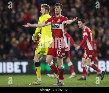 MIDDLESBROUGH, UK. MAR 1ST Middlesbrough's Paddy McNair reacts during the FA Cup Fifth Round match between Middlesbrough and Tottenham Hotspur at the Riverside Stadium, Middlesbrough on Tuesday 1st March 2022. (Credit: Mark Fletcher | MI News) Credit: MI News & Sport /Alamy Live News Stock Photo