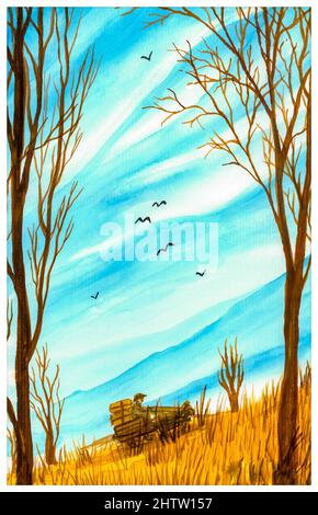 Watercolour painting. A farmer in a wheat field. Stock Photo