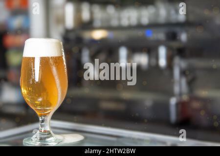 Closeup of a Glass of beer on the bar counter Stock Photo