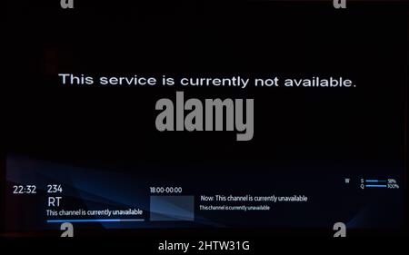 London, UK. 2nd March 2022. 'This service is currently not available' is displayed on the RT Freeview television channel. Russia Today (RT), the Russian state-owned news channel, has been removed from UK TV services today as the Ukraine war continues. Credit: Vuk Valcic / Alamy Live News Stock Photo