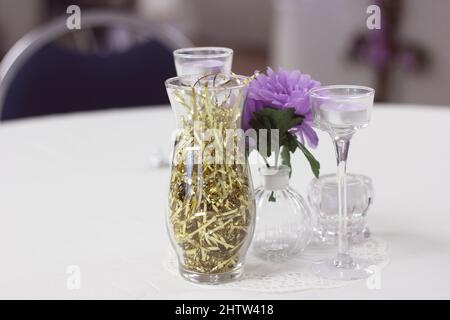 Floral Table Decorations at Small Rural Wedding Event Stock Photo
