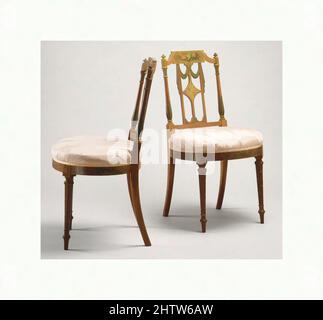 Art inspired by Side chair (one of a pair), ca. 1795, British, West Indian satinwood, beech, birch, modern silk, Overall: 34 1/2 × 19 1/2 × 17 1/4 in. (87.6 × 49.5 × 43.8 cm), Woodwork-Furniture, Classic works modernized by Artotop with a splash of modernity. Shapes, color and value, eye-catching visual impact on art. Emotions through freedom of artworks in a contemporary way. A timeless message pursuing a wildly creative new direction. Artists turning to the digital medium and creating the Artotop NFT Stock Photo