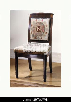 Art inspired by Chair (one of a pair), early 19th century, French, Mahogany, tapestry, Overall: 35 3/8 × 19 × 16 1/2 in. (89.9 × 48.3 × 41.9 cm), Woodwork-Furniture, Classic works modernized by Artotop with a splash of modernity. Shapes, color and value, eye-catching visual impact on art. Emotions through freedom of artworks in a contemporary way. A timeless message pursuing a wildly creative new direction. Artists turning to the digital medium and creating the Artotop NFT Stock Photo