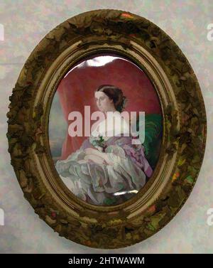 Art inspired by Empress Eugenie (1826–1920), 1855, French, Sèvres, Painted enamel on copper; gesso and gilt-wood frame, Overall (enamel): 7 7/8 × 5 7/8 in. (20 × 14.9 cm); Overall (frame): 12 1/8 × 10 in. (30.8 × 25.4 cm), Enamels, A close copy of a painting by Franz Xaver Winterhalter, Classic works modernized by Artotop with a splash of modernity. Shapes, color and value, eye-catching visual impact on art. Emotions through freedom of artworks in a contemporary way. A timeless message pursuing a wildly creative new direction. Artists turning to the digital medium and creating the Artotop NFT Stock Photo