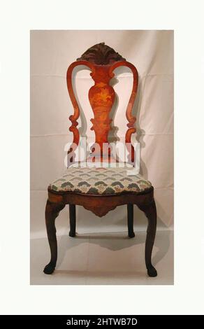 Art inspired by Side chair (one of a pair), early 18th century, Dutch, Walnut, marquetry woods; the marquetry added at a later time, probably in the late 19th century, Overall: 44 1/2 × 21 1/2 × 17 1/2 in. (113 × 54.6 × 44.5 cm), Woodwork-Furniture, Classic works modernized by Artotop with a splash of modernity. Shapes, color and value, eye-catching visual impact on art. Emotions through freedom of artworks in a contemporary way. A timeless message pursuing a wildly creative new direction. Artists turning to the digital medium and creating the Artotop NFT Stock Photo