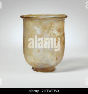 Art inspired by Glass beaker, Mid Imperial, 2nd–3rd century A.D., Roman, Glass; blown, Height: 3 11/16 in. (9.3 cm), Glass, Translucent pale yellow green. Rounded, flaring rim; cylindrical body with slightly convex, vertical side, curving in at base to integral tubular base ring, Classic works modernized by Artotop with a splash of modernity. Shapes, color and value, eye-catching visual impact on art. Emotions through freedom of artworks in a contemporary way. A timeless message pursuing a wildly creative new direction. Artists turning to the digital medium and creating the Artotop NFT Stock Photo