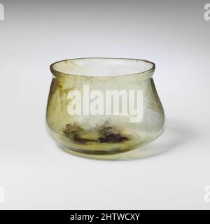 Art inspired by Glass cup, Late Imperial, 3rd century A.D., Roman, Glass; blown, Height: 1 9/16 in. (4 cm), Glass, Translucent pale yellow green. Knocked-off, uneven rim; slightly bulging collar below rim; sides expanding downward, then angled in to join rounded bottom, slightly, Classic works modernized by Artotop with a splash of modernity. Shapes, color and value, eye-catching visual impact on art. Emotions through freedom of artworks in a contemporary way. A timeless message pursuing a wildly creative new direction. Artists turning to the digital medium and creating the Artotop NFT Stock Photo