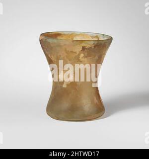 Art inspired by Glass beaker, Mid Imperial, 2nd–3rd century A.D., Roman, Glass; blown, Height: 3 9/16in. (9cm), Glass, Colorless with green blue tinge. Rounded, inverted rim; hour-glass shape to body with sides tapering in downward and then expanding outward to bottom with central, Classic works modernized by Artotop with a splash of modernity. Shapes, color and value, eye-catching visual impact on art. Emotions through freedom of artworks in a contemporary way. A timeless message pursuing a wildly creative new direction. Artists turning to the digital medium and creating the Artotop NFT Stock Photo